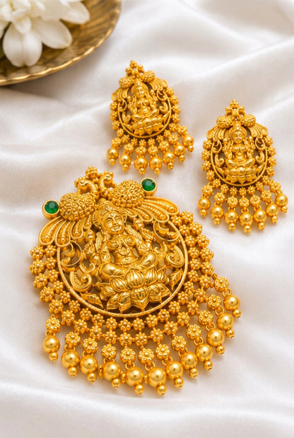 Antique Gold Lakshmi Pendant Set with Matching Earrings – Pink & Green Stone Temple Jewellery