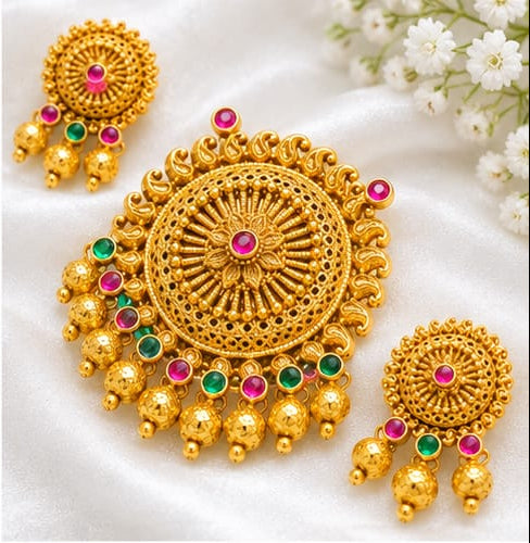 Antique Gold Finish Temple Pendant Set with Ruby and Emerald Stones