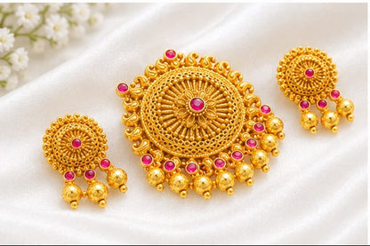 Antique Gold Finish Temple Pendant Set with Ruby and Emerald Stones