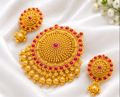 Traditional Antique Gold Plated Floral Mandala Kemp Stone Pendant Set with Matching Earrings