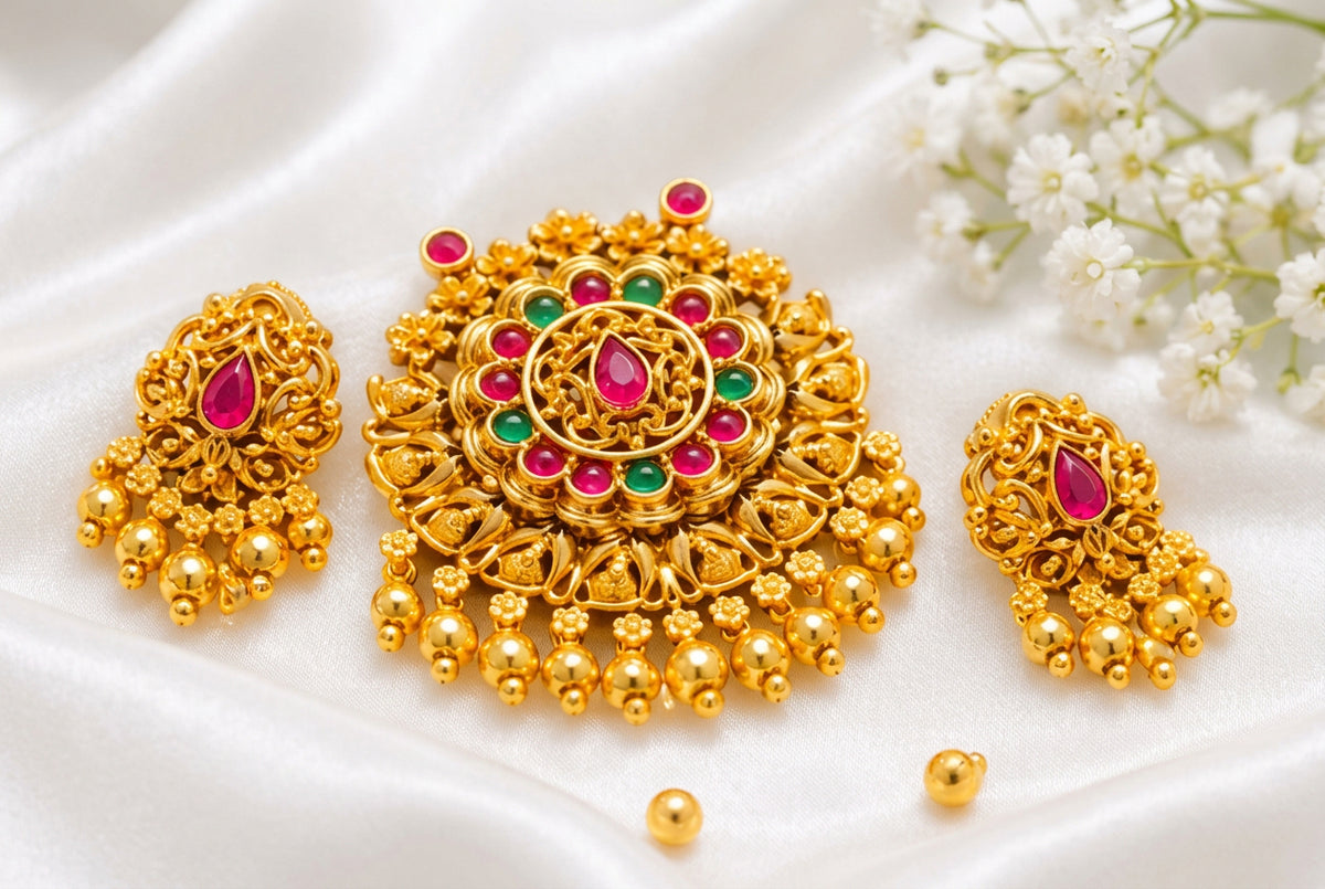 Traditional 22k Gold-Plated Ruby & Emerald Kemp Stone Pendant Set with Earrings