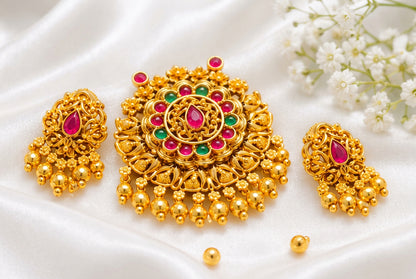 Traditional 22k Gold-Plated Ruby & Emerald Kemp Stone Pendant Set with Earrings