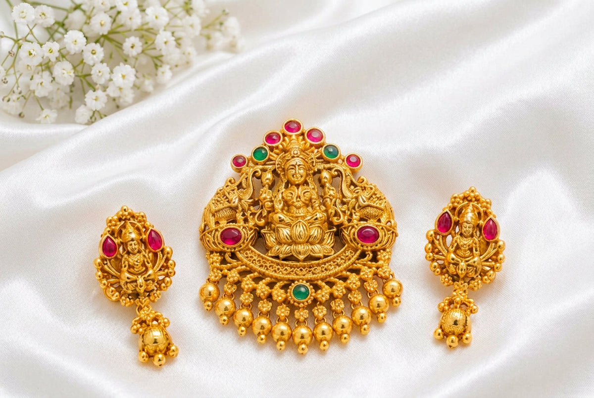 Gold Plated Goddess Lakshmi Pendant & Earring Set with Kemp Stones | Temple Jewellery Set