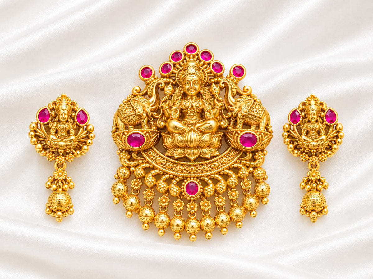 Gold Plated Goddess Lakshmi Pendant & Earring Set with Kemp Stones | Temple Jewellery Set