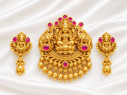 Gold Plated Goddess Lakshmi Pendant & Earring Set with Kemp Stones | Temple Jewellery Set