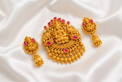 Gold Plated Goddess Lakshmi Pendant & Earring Set with Kemp Stones | Temple Jewellery Set