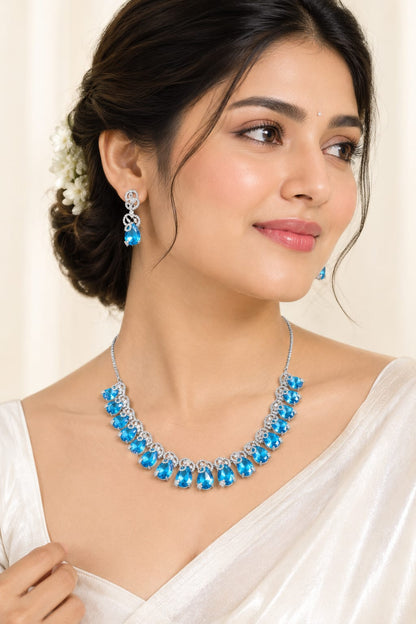 Radiant Aquamarine Teardrop CZ Silver-Plated Necklace and Earrings Set