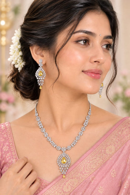Luminous Yellow Citrine Teardrop CZ Silver-Plated Statement Necklace and Earrings Set