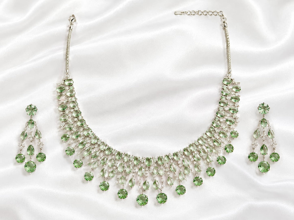 Mint Green & Silver-Plated Layered Cascading Cubic Zirconia Statement Necklace Set with Matching Earrings