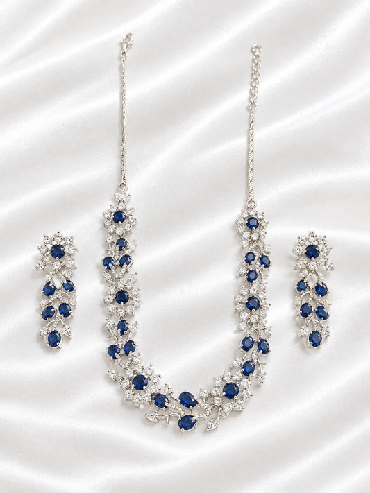 Blue Sapphire & CZ Stone Silver-Tone Necklace Set with Matching Earrings