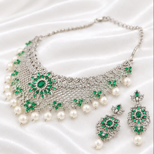 Emerald Green & Silver-Plated Broad Choker Necklace Set with Floral Motifs, Cubic Zirconia Pave and Pearl Drops