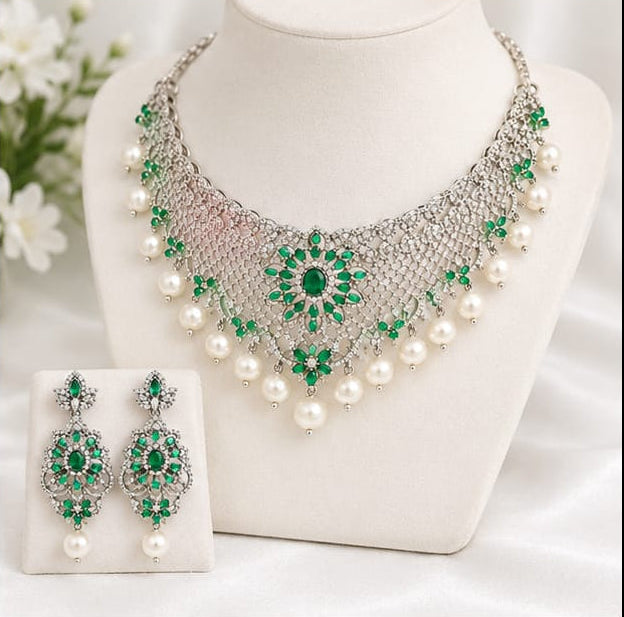 Emerald Green & Silver-Plated Broad Choker Necklace Set with Floral Motifs, Cubic Zirconia Pave and Pearl Drops