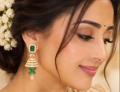 Emerald Green & CZ Jhumka Earrings – Gold Plated Rectangle Stud Layered Jhumki