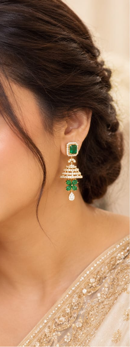 Emerald Green & CZ Jhumka Earrings – Gold Plated Rectangle Stud Layered Jhumki