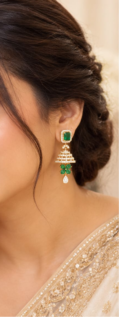 Emerald Green & CZ Jhumka Earrings – Gold Plated Rectangle Stud Layered Jhumki