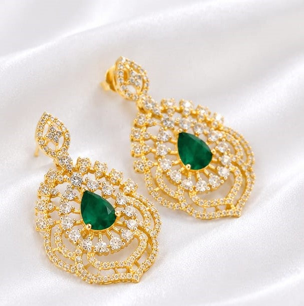 Exquisite Gold-Plated CZ & Green Stone Drop Earrings | Traditional Ethnic & Festive Jewelry