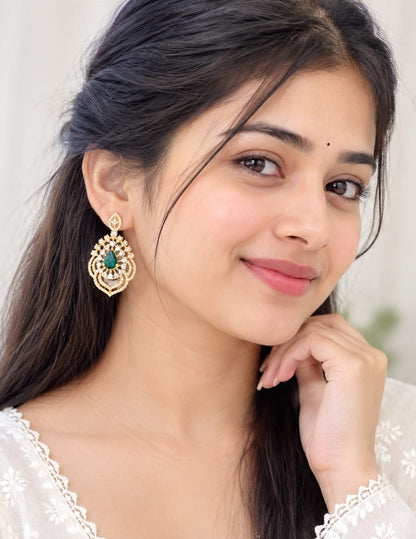 Exquisite Gold-Plated CZ & Green Stone Drop Earrings | Traditional Ethnic & Festive Jewelry