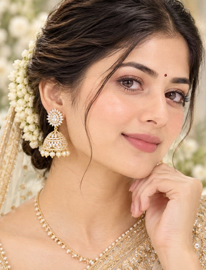 Radiant Floral CZ American Diamond Jhumka Earrings with Pearl Drops