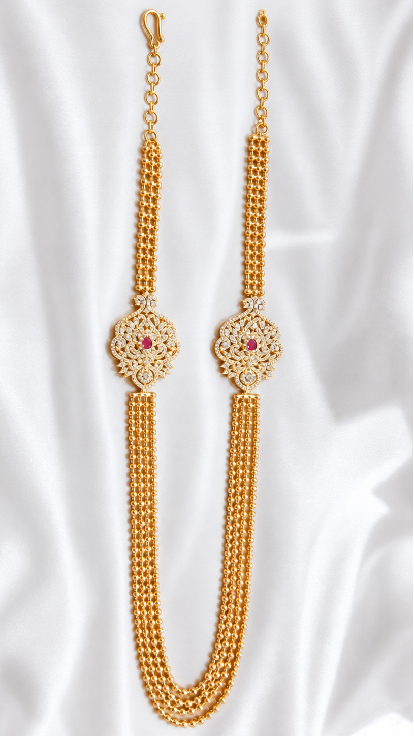 Gold-Plated Triple-Strand Layered Haram with Dual Ruby-CZ Side Floral Motifs