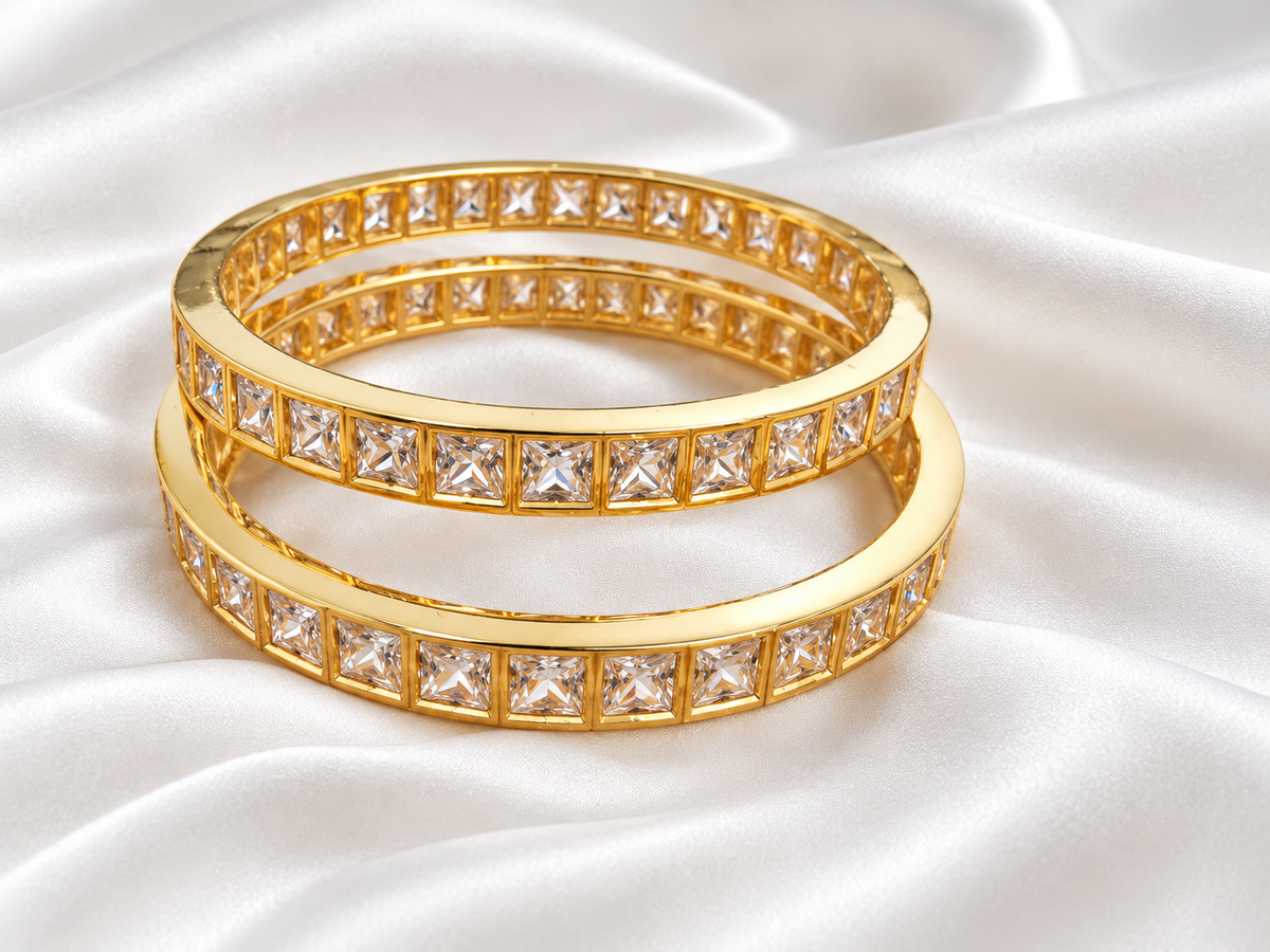 🌈✨4-Color Square Stone Gold Plated Bangles – 💚Emerald, 🩷Ruby Pink, 💙Dark Blue & 💜Purple**