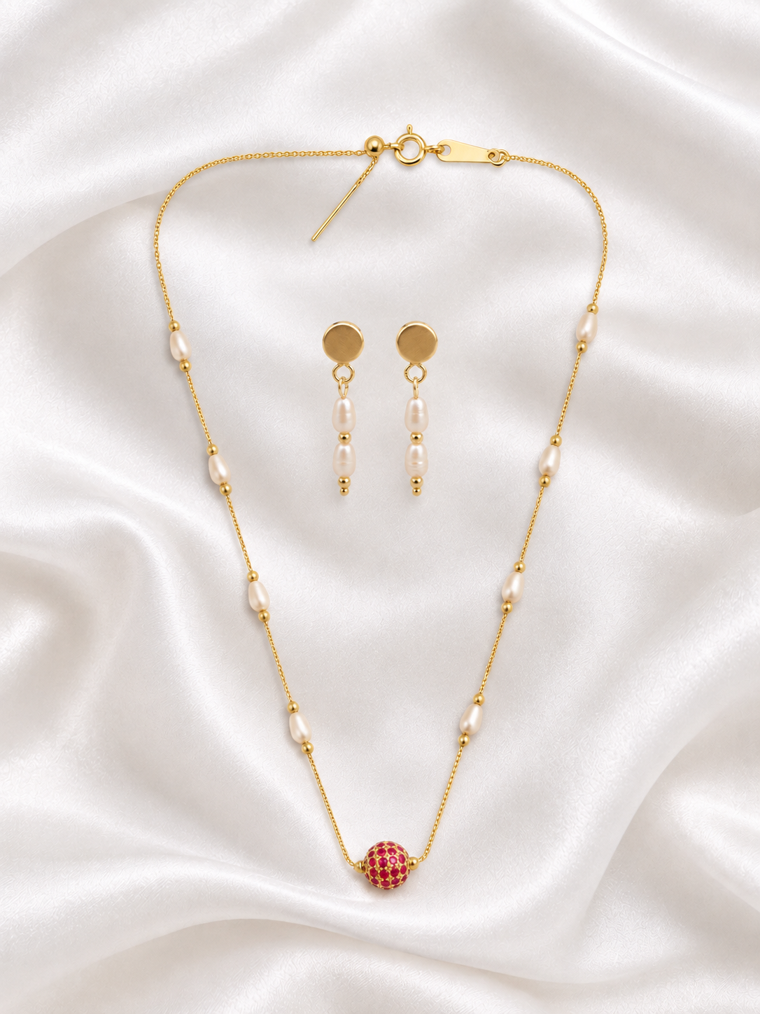 Gold Pearl Necklace & Earring Set with Ruby Bead , Delicate Freshwater Pearl