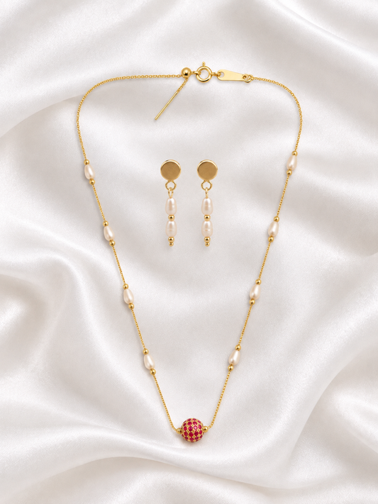 Gold Pearl Necklace & Earring Set with Ruby Bead , Delicate Freshwater Pearl