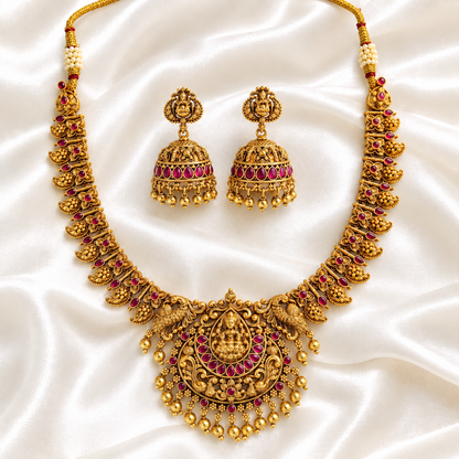 Antique Finish Lakshmi Temple Necklace Set with Ruby Stones & Jhumkas