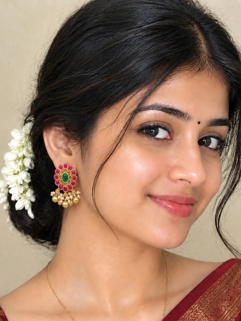 Pink & Green🌼✨  Traditional Indian Earrings | Gold-Tone Floral Earrings | Pearl Dangle Jewelry