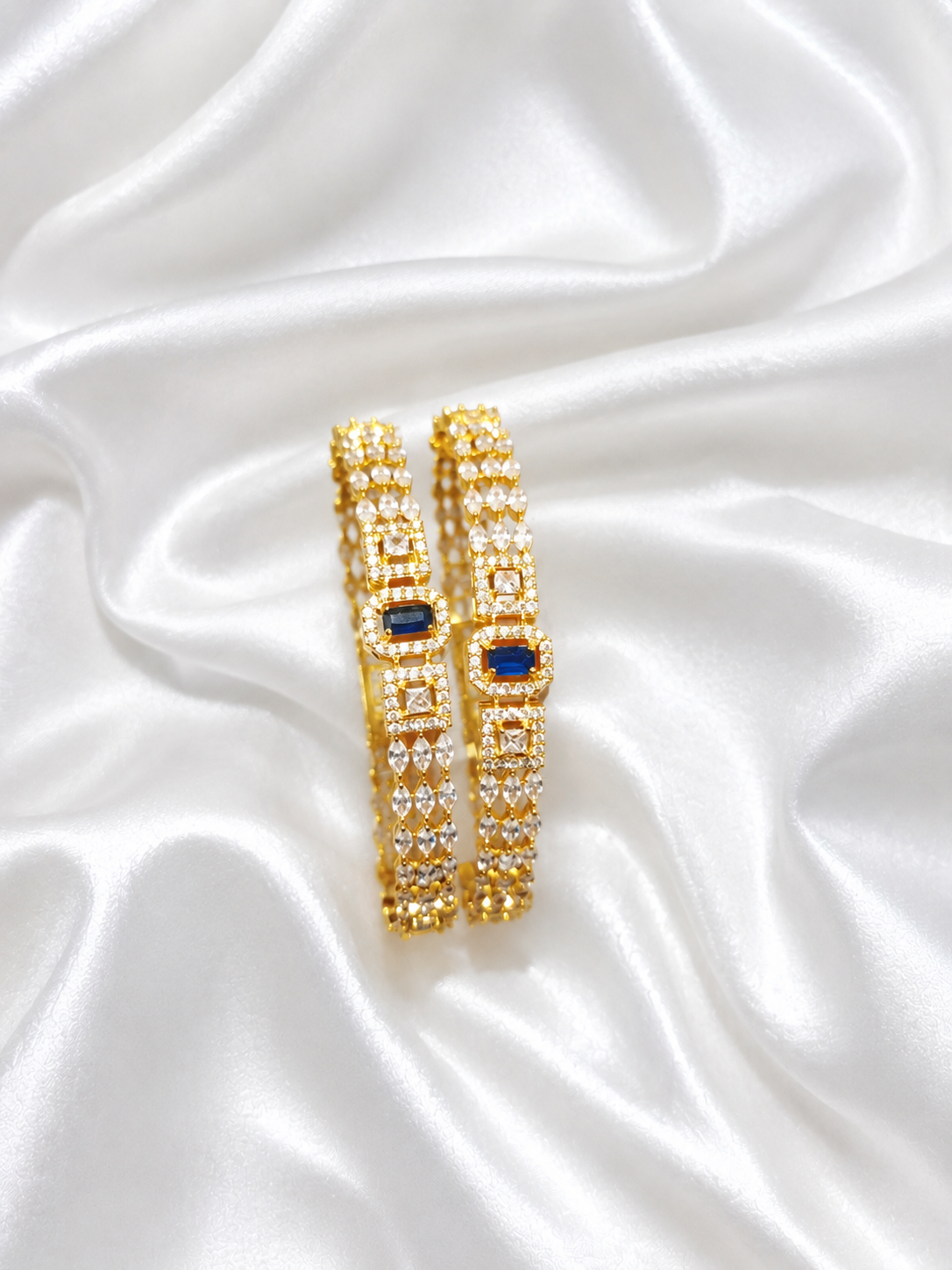 Royal Sapphire Blue & Cubic Zirconia Gold-Plated Bangle Pair