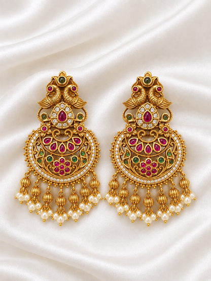 Antique Gold Peacock Chandbali Earrings with Ruby & Emerald Stones