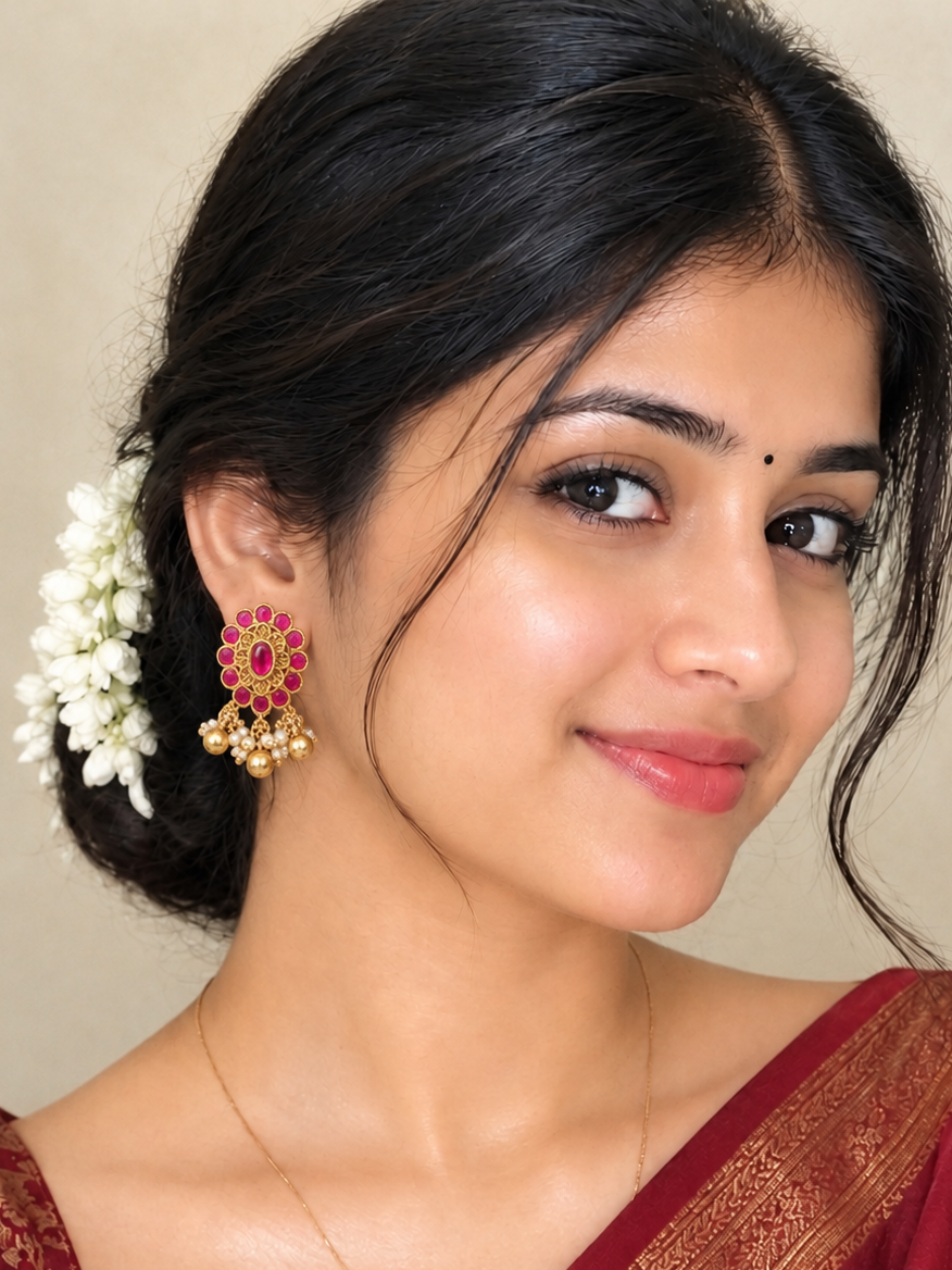Pink & Green🌼✨  Traditional Indian Earrings | Gold-Tone Floral Earrings | Pearl Dangle Jewelry