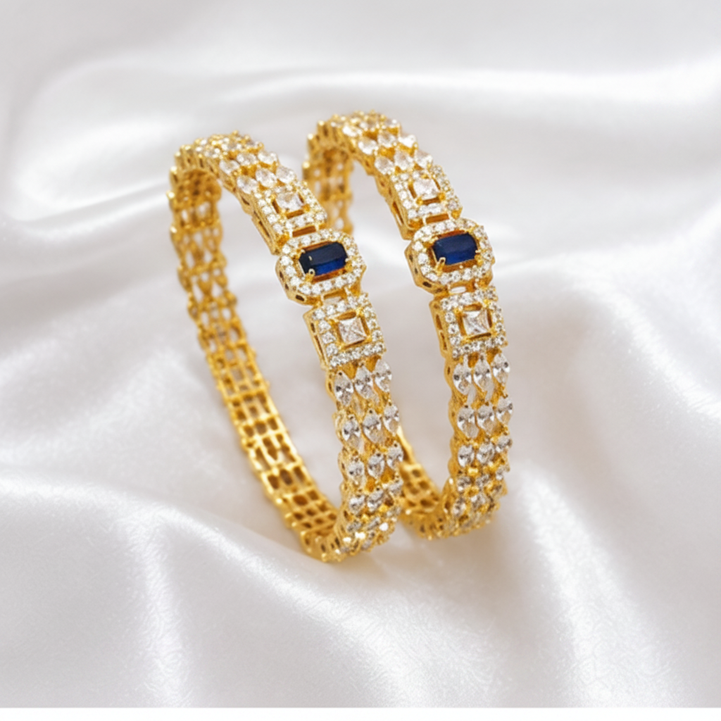 Royal Sapphire Blue & Cubic Zirconia Gold-Plated Bangle Pair