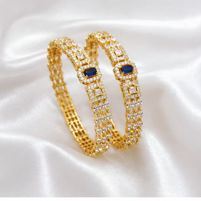Royal Sapphire Blue & Cubic Zirconia Gold-Plated Bangle Pair