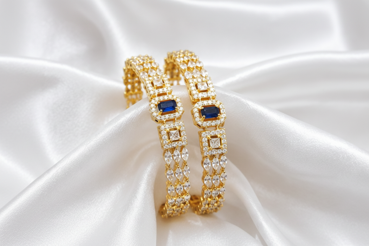 Royal Sapphire Blue & Cubic Zirconia Gold-Plated Bangle Pair