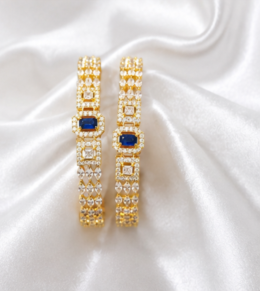 Royal Sapphire Blue & Cubic Zirconia Gold-Plated Bangle Pair