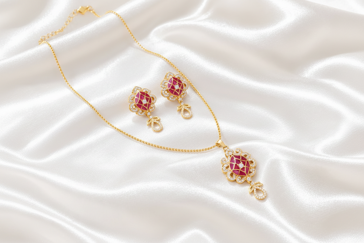 Elegant Green & Ruby Pink Floral Pendant Necklace & Earrings Set | Gold Plated CZ Jewelry Set