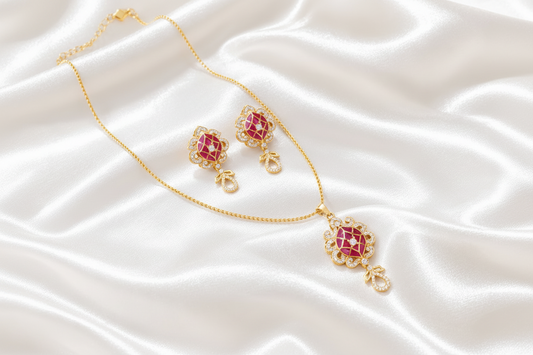 Elegant Green & Ruby Pink Floral Pendant Necklace & Earrings Set | Gold Plated CZ Jewelry Set