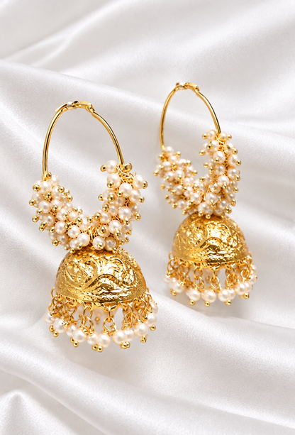 Exquisite Gold-Plated Pearl Hoop Jhumka Earrings – Traditional Indian Ethnic Jewelry