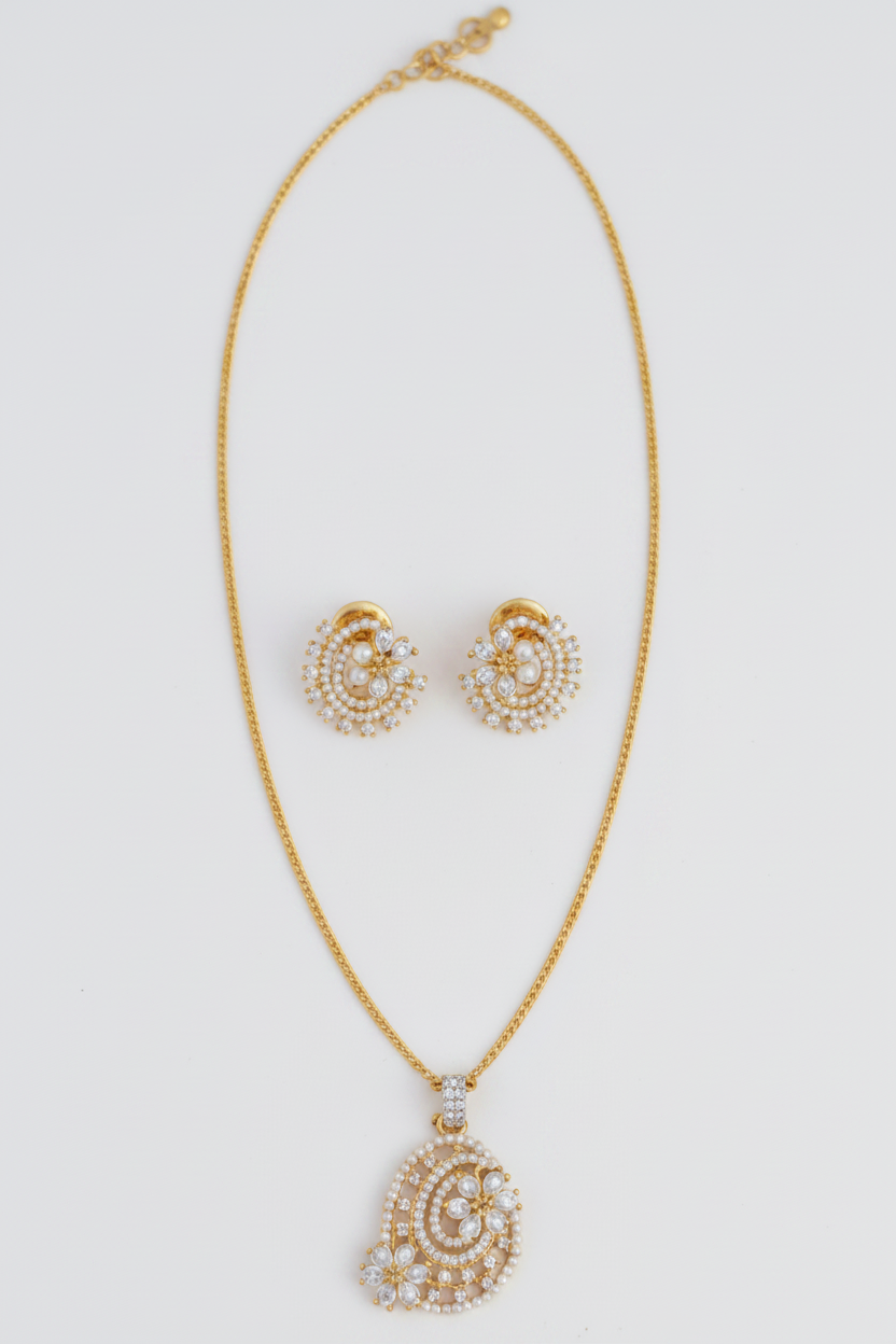 Elegant Gold-Plated CZ Necklace Set with Matching Earrings | Sparkling Bridal Jewelry Set