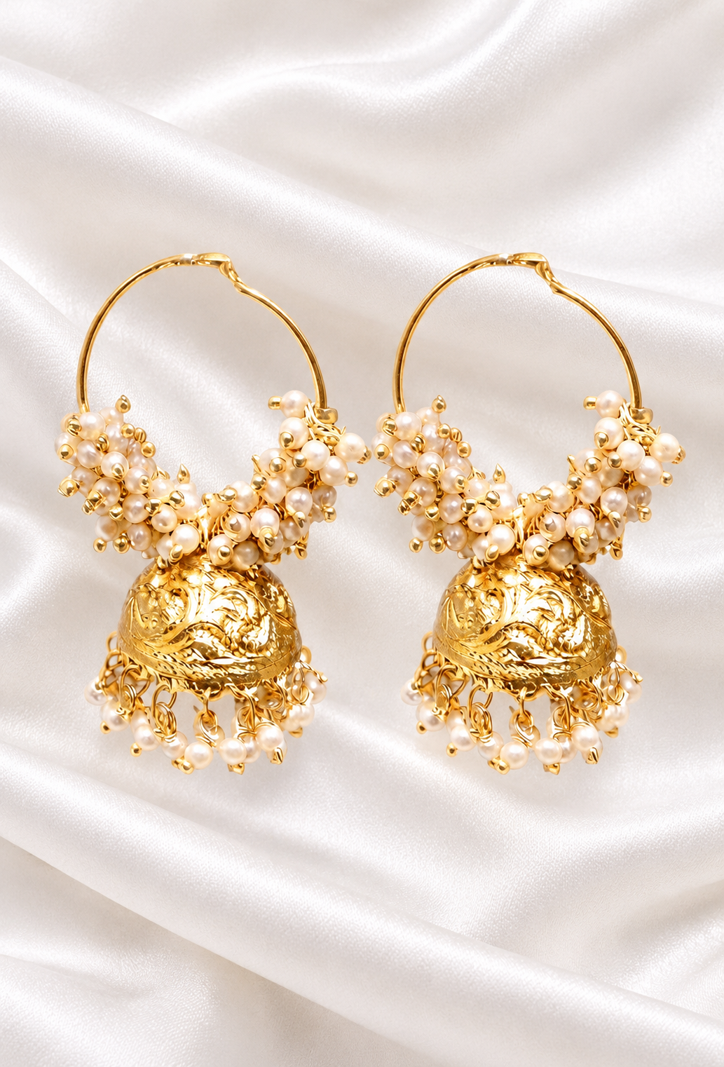 Exquisite Gold-Plated Pearl Hoop Jhumka Earrings – Traditional Indian Ethnic Jewelry