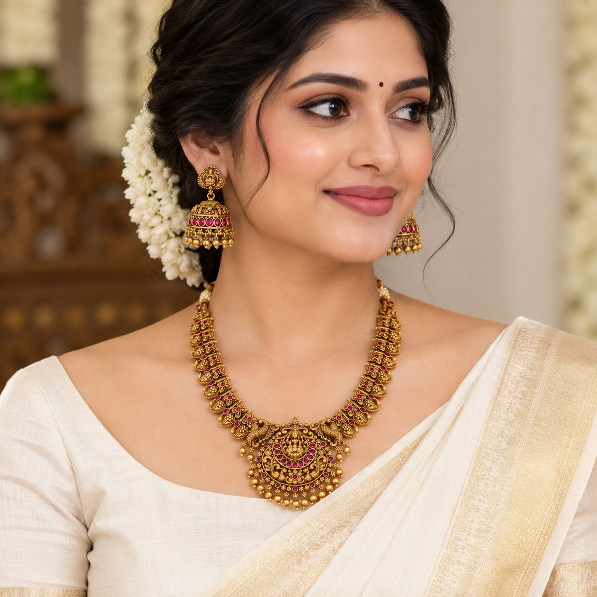 Antique Finish Lakshmi Temple Necklace Set with Ruby Stones & Jhumkas