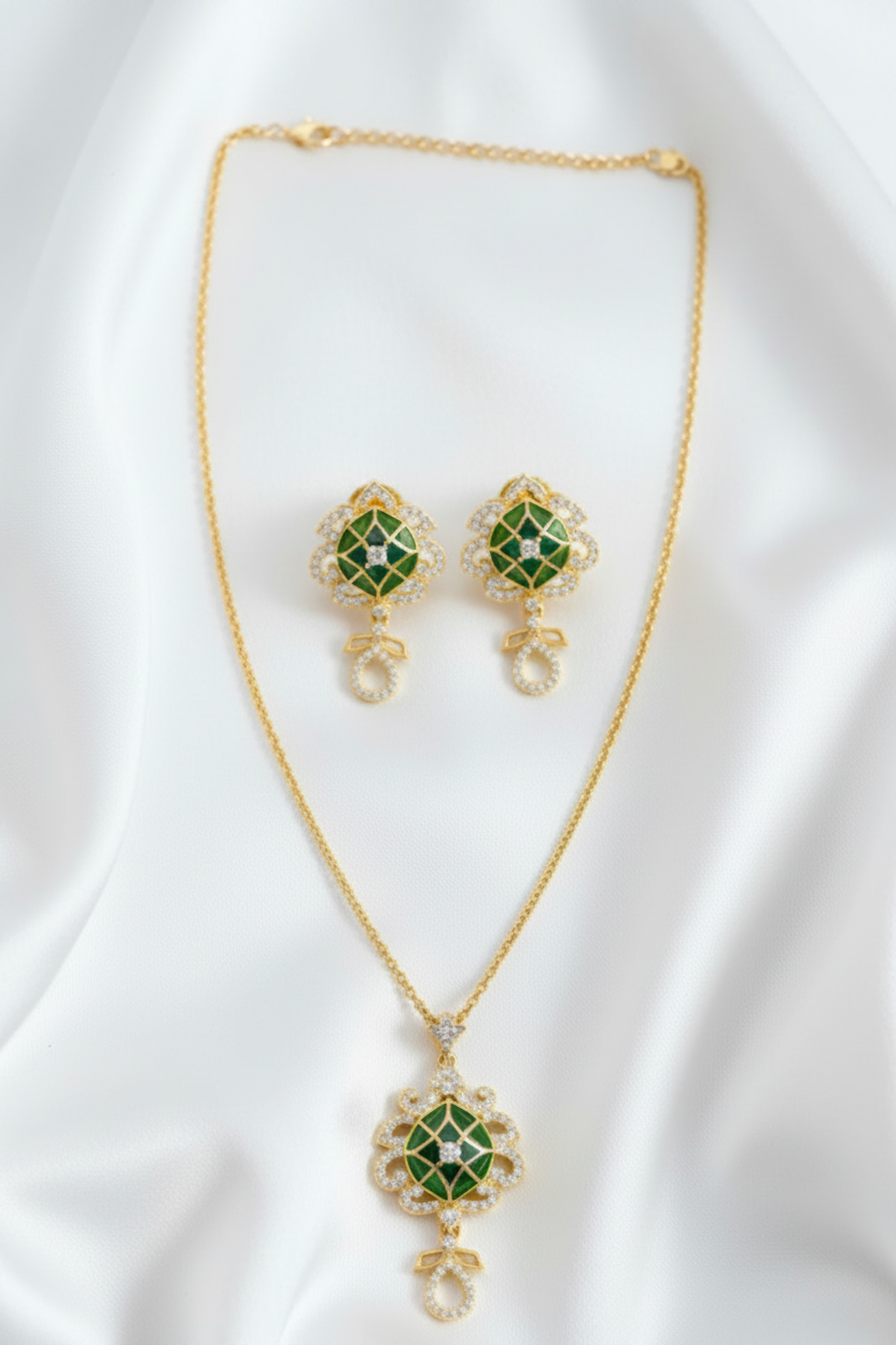 Elegant Green & Ruby Pink Floral Pendant Necklace & Earrings Set | Gold Plated CZ Jewelry Set