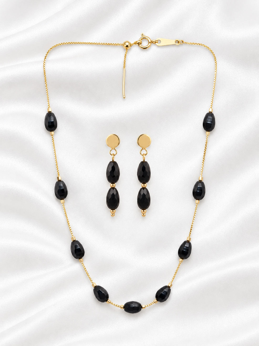 Gold-Plated Black Crystal Bead Chain with Matching Earrings