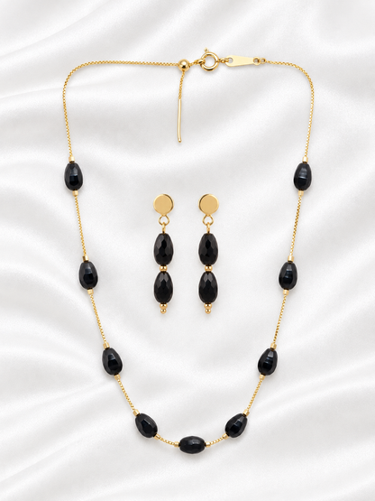 Gold-Plated Black Crystal Bead Chain with Matching Earrings