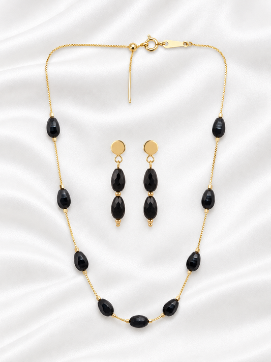 Gold-Plated Black Crystal Bead Chain with Matching Earrings