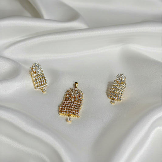 Gold-Plated CZ White Multi-Layered Fringe Pendant Set with Earrings