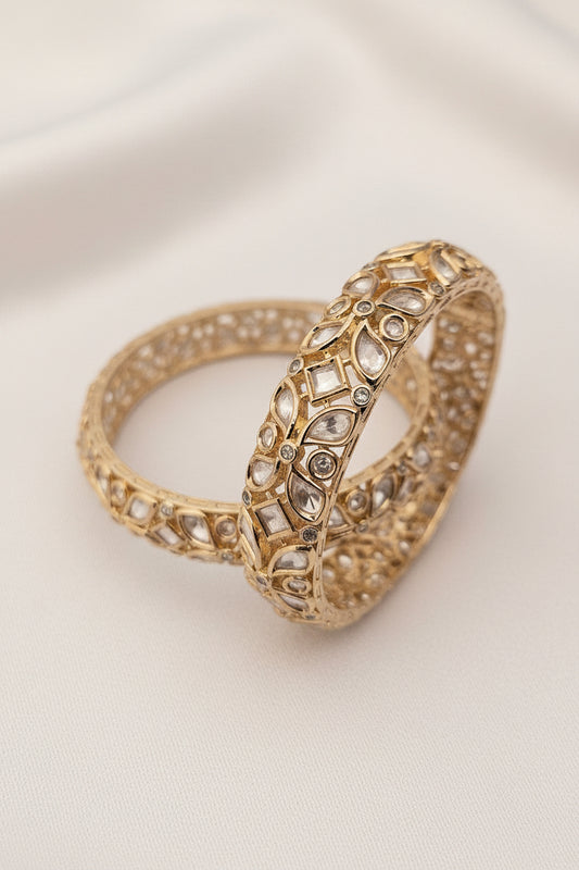 Gold-Plated Polki and White Stone Kundan Bangle Set