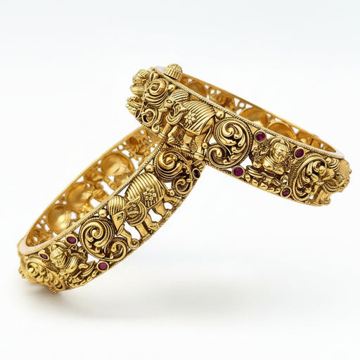 Antique Gold-Plated Elephant and Floral Motif Bangle Set