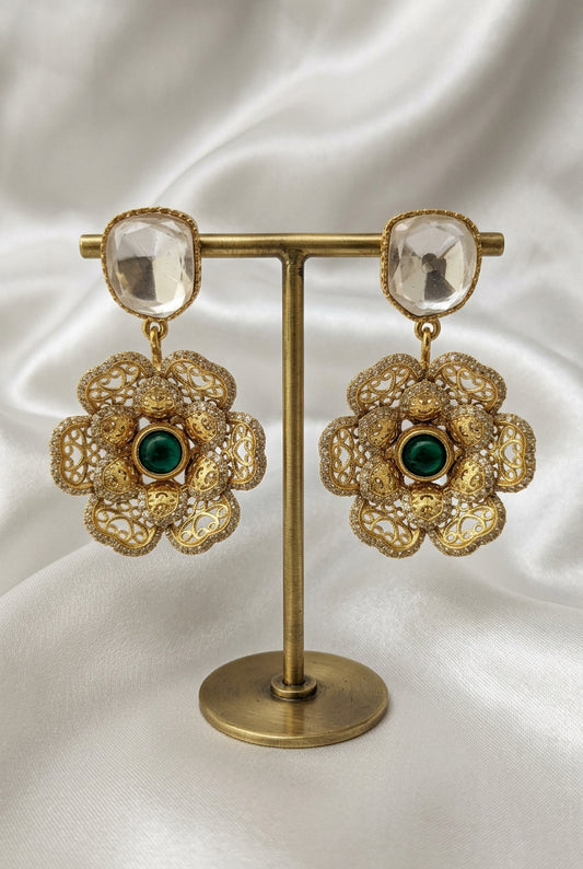 Traditional Gold-Plated Green Stone Floral Kundan Earrings