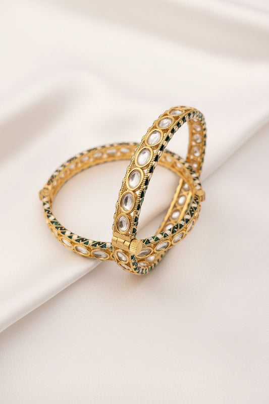Gold-Plated White Stone Hinged Kundan Bangle Set
